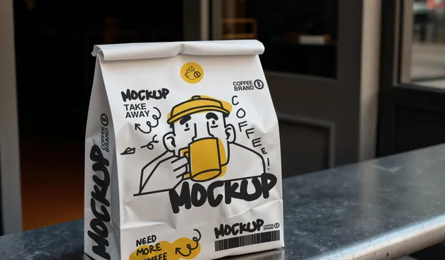 Packaging design for an artisanal coffee brand, featuring warm tones and handcrafted typography.